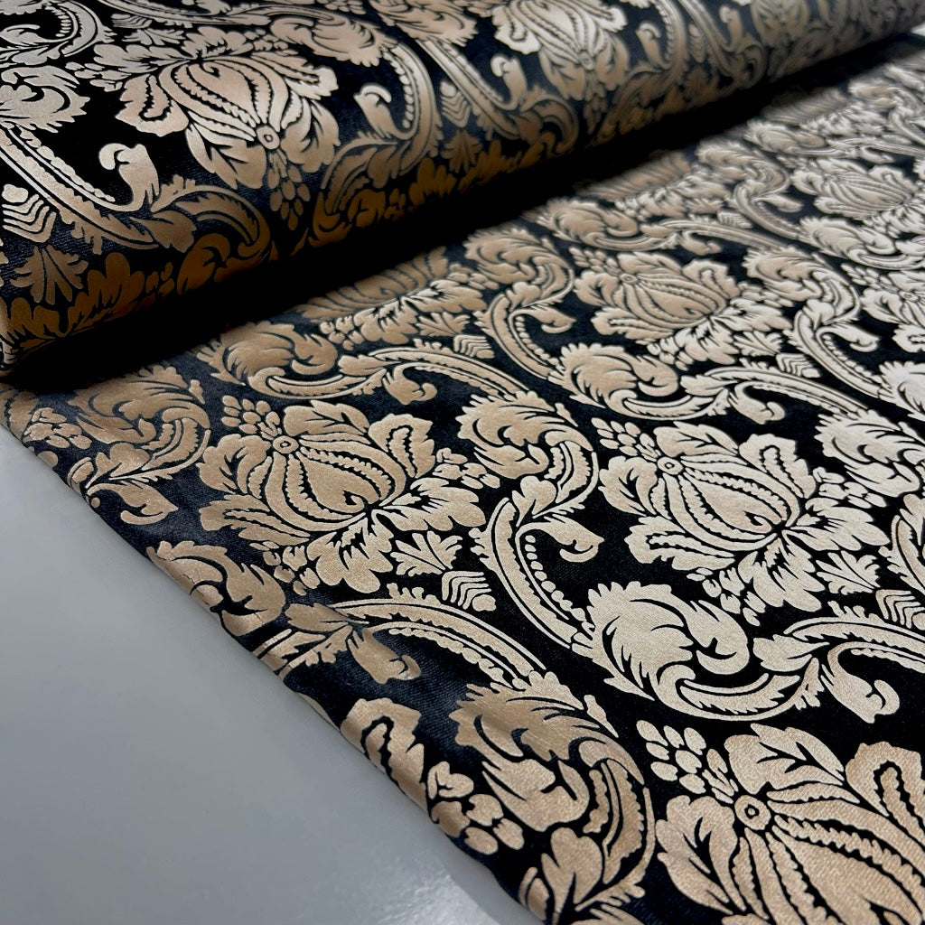 Golden Bloom on Black Velvet Velour Fabric