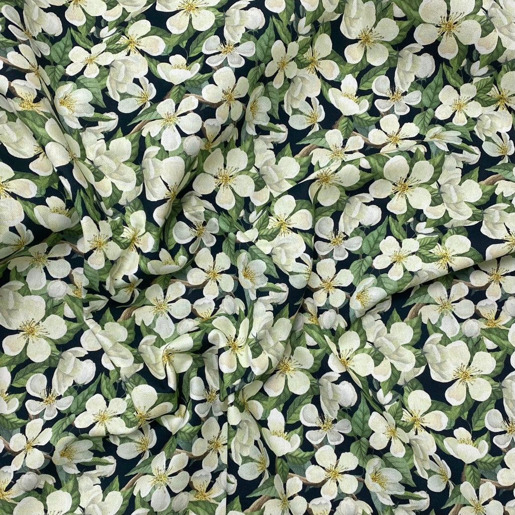 Ivory Blossom on Black Cotton Canvas Fabric