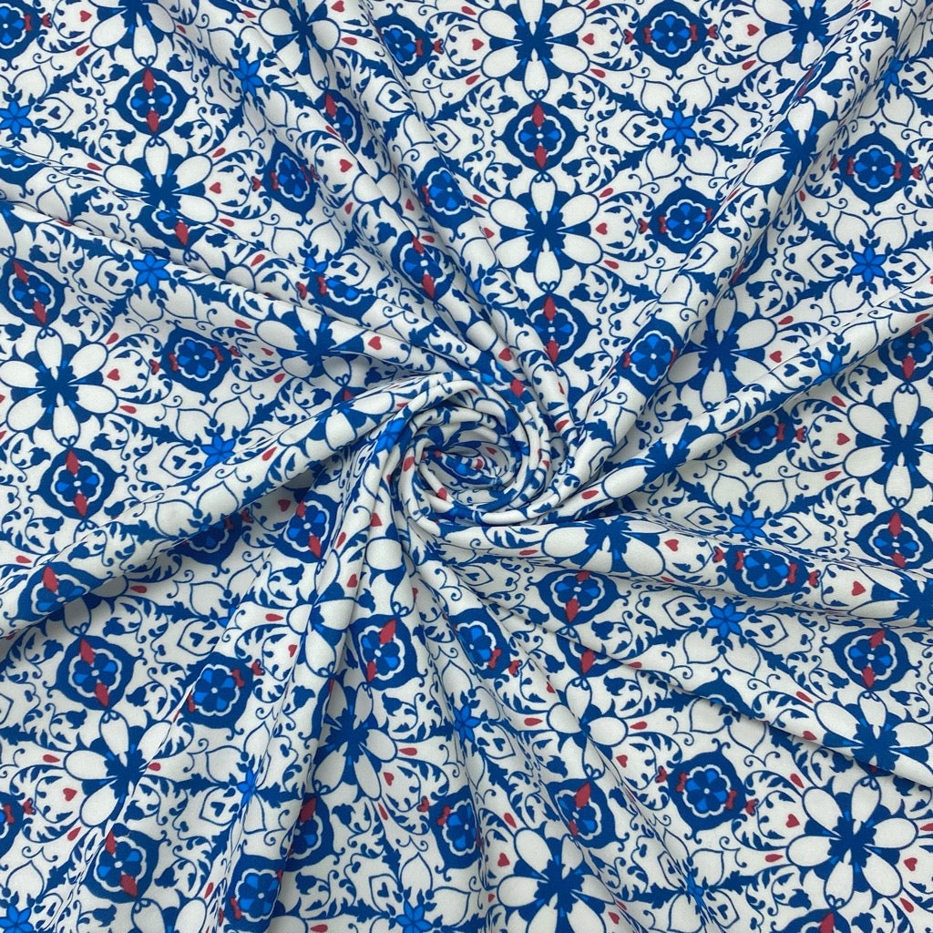 Blue/Red Abstract Floral on White Lycra Spandex Fabric