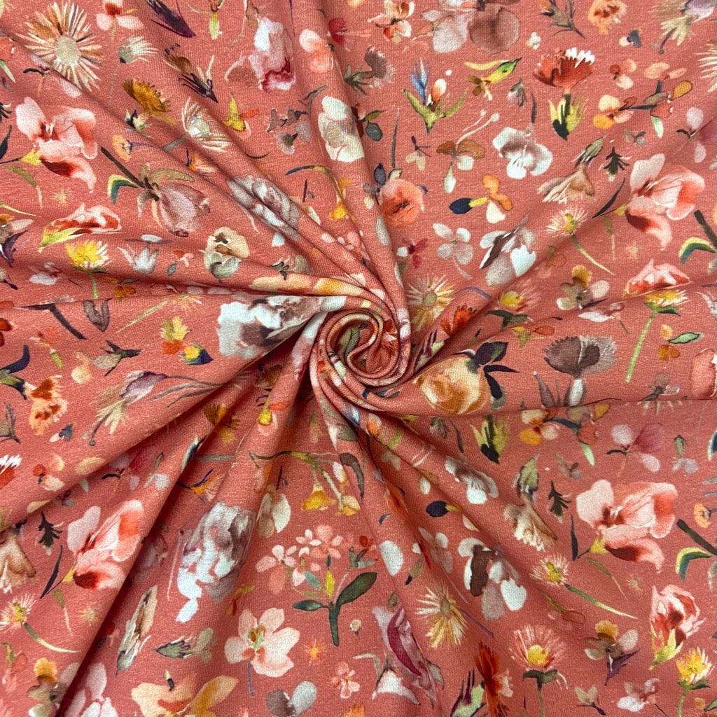 Vibrant Rose Garden on Pink Cotton Jersey Fabric - Pound Fabrics