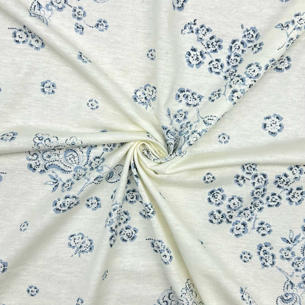 Blue Flower Patterns 100% Cotton Jersey Fabric - Pound Fabrics