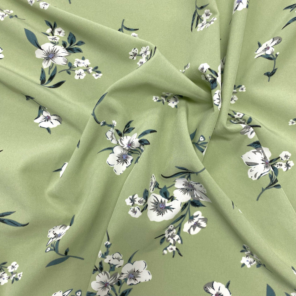 All Over White Flowers Stretch Polyester Fabric - 2m Pre-cut