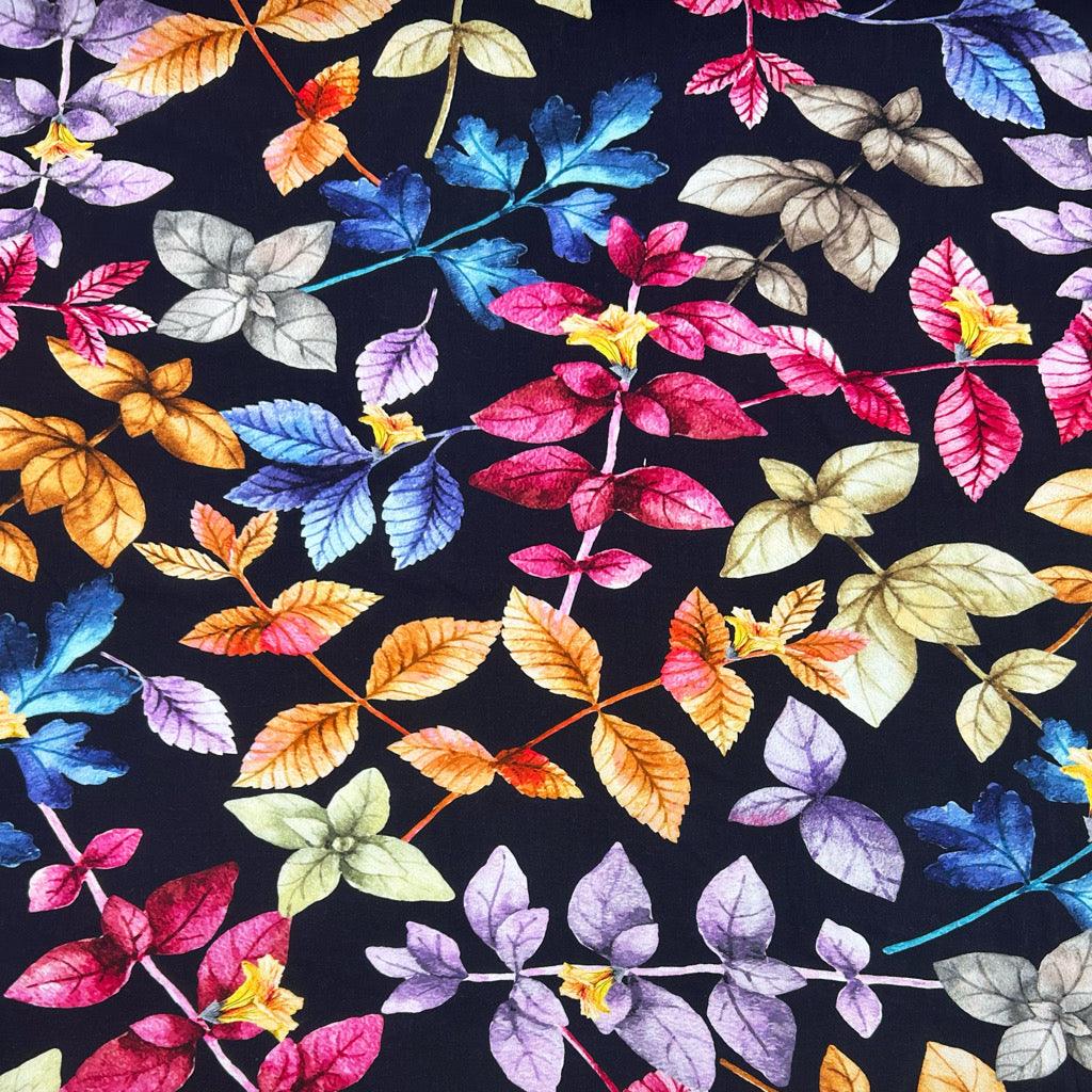 Leafy Garden on Black Viscose Challis Fabric