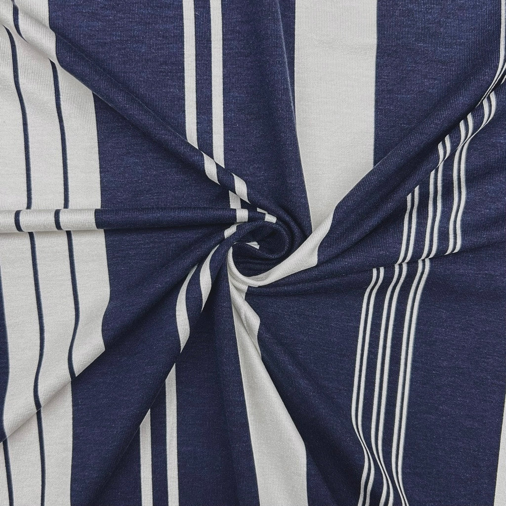 Navy and White Striped Viscose Jersey Fabric