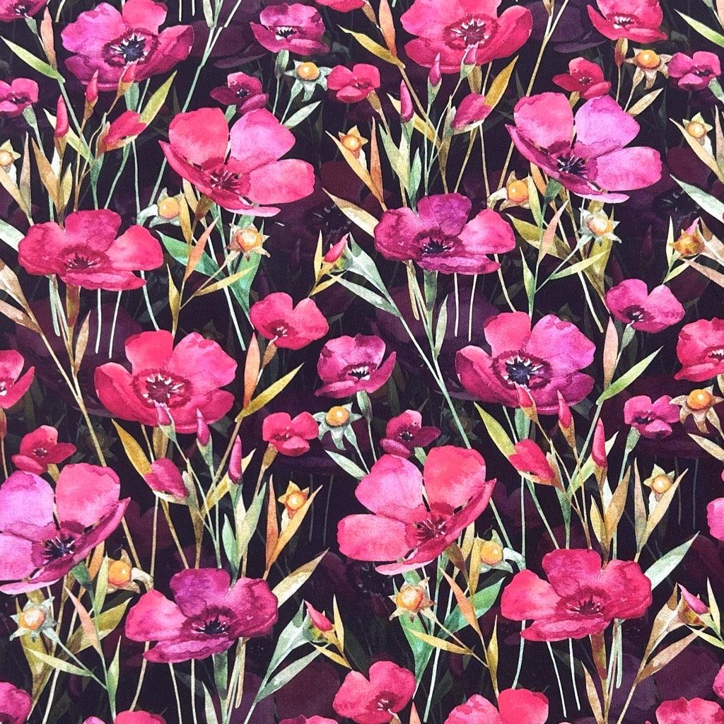 Pink/Purple Flowers on Black Viscose Challis Fabric - Pound Fabrics