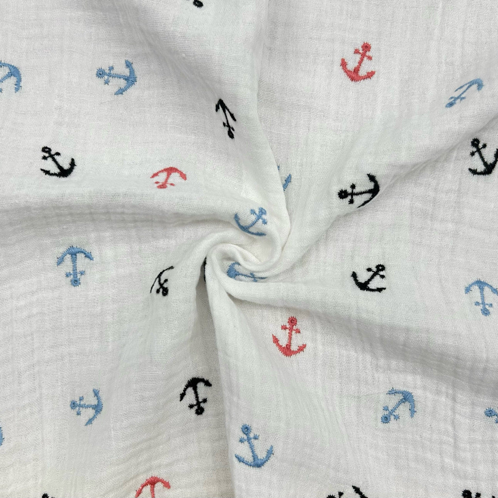 Embroidered Anchors on Ivory Double Gauze Fabric