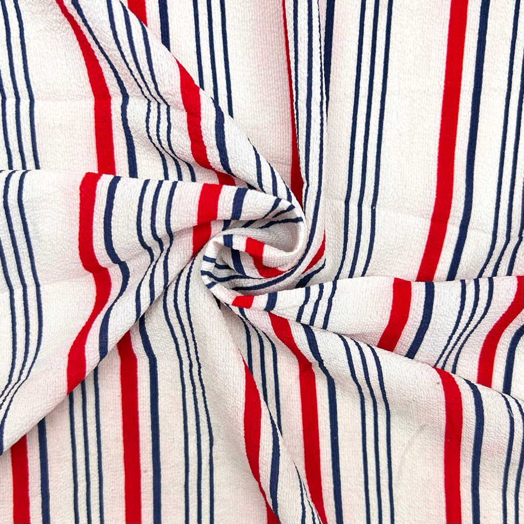Red and Navy Stripe Polyester Crepe Fabric