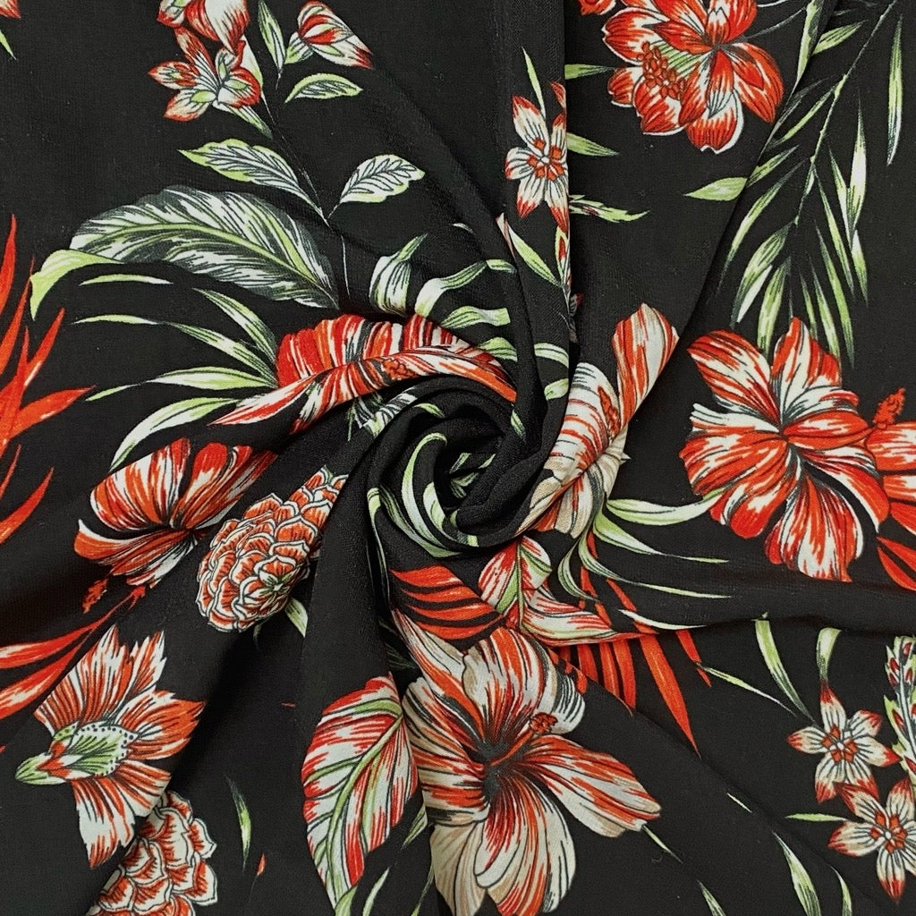 Red and White Floral on Black Polyester Fabric