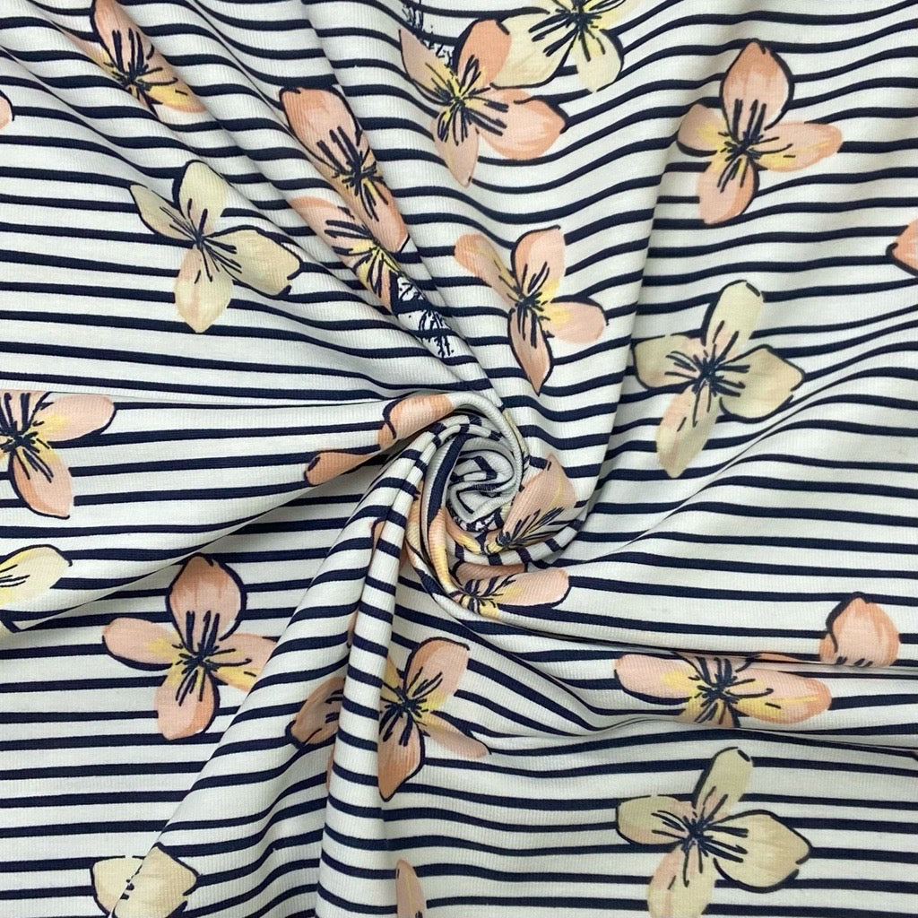 Scattered Flowers on Striped Cotton Jersey Fabric