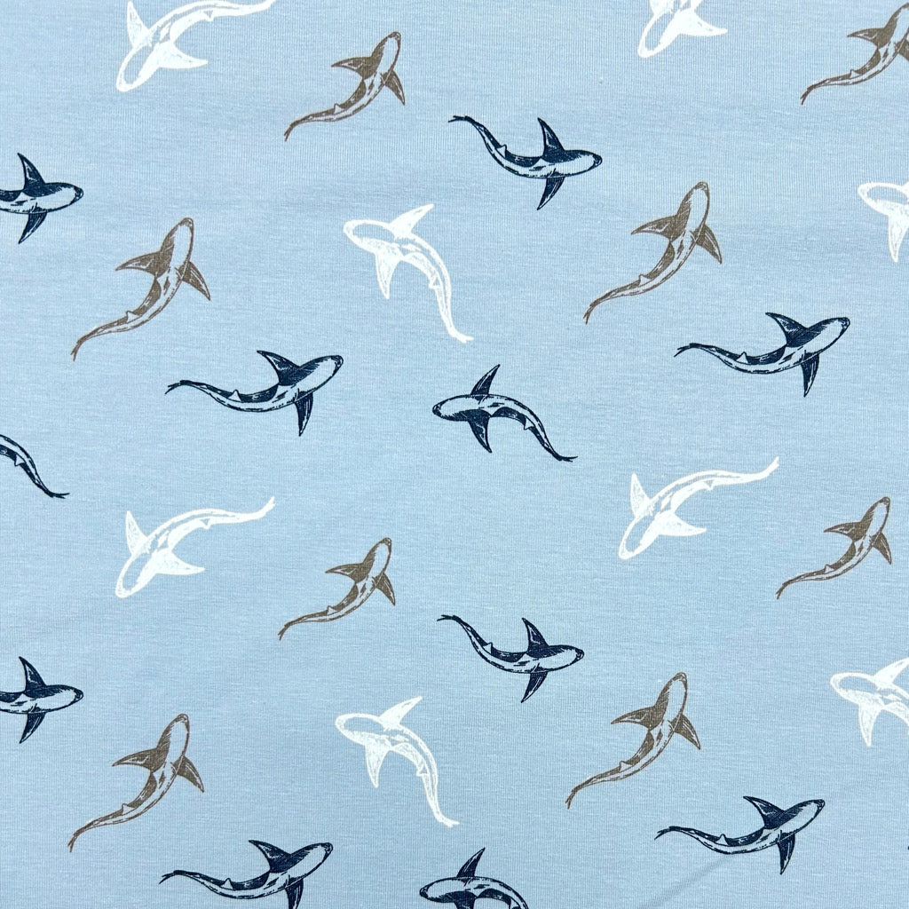 Shark Swim on Blue Cotton Jersey Fabric