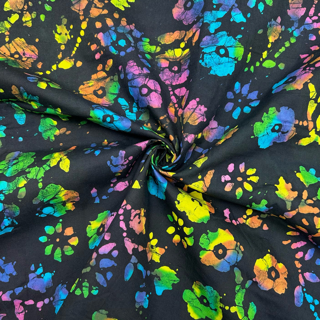 Multicoloured Flowers on Black Cotton Batik Fabric