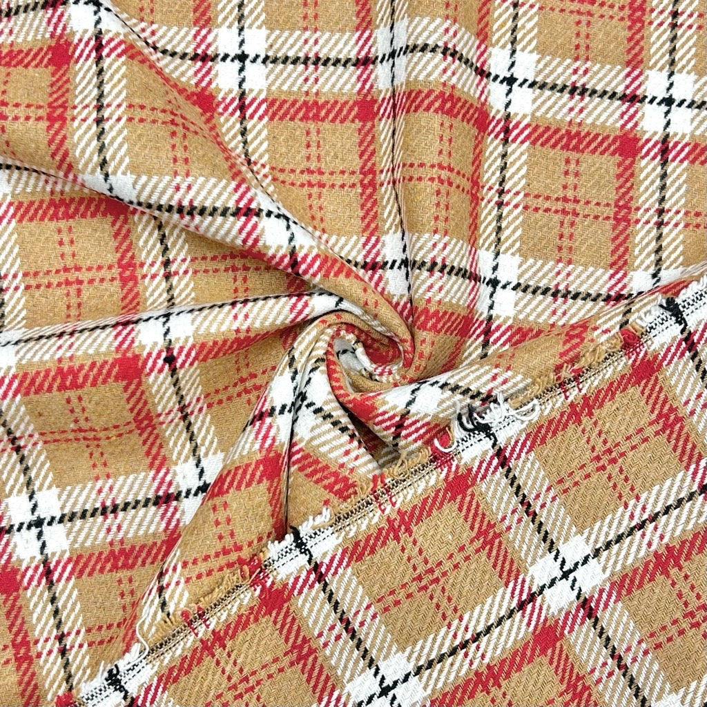 Red and Beige Checkered Wool Blend Fabric - Pound Fabrics