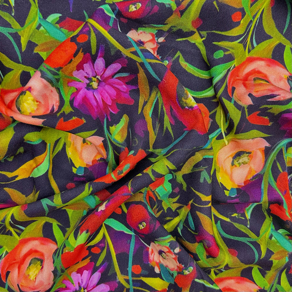 Dark Floral Bouquet Viscose Twill Fabric