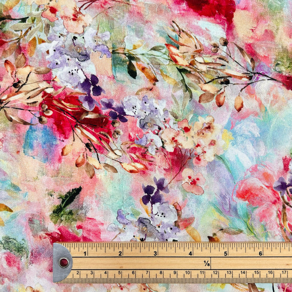 Pink and Purple Blossom Viscose Twill Fabric