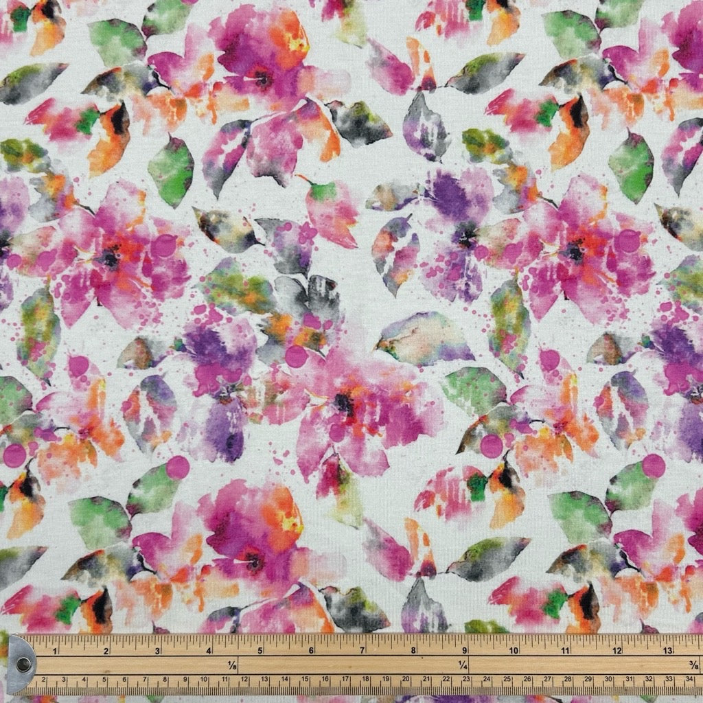 Watercolour Floral on White Viscose Jersey Fabric - Clearance