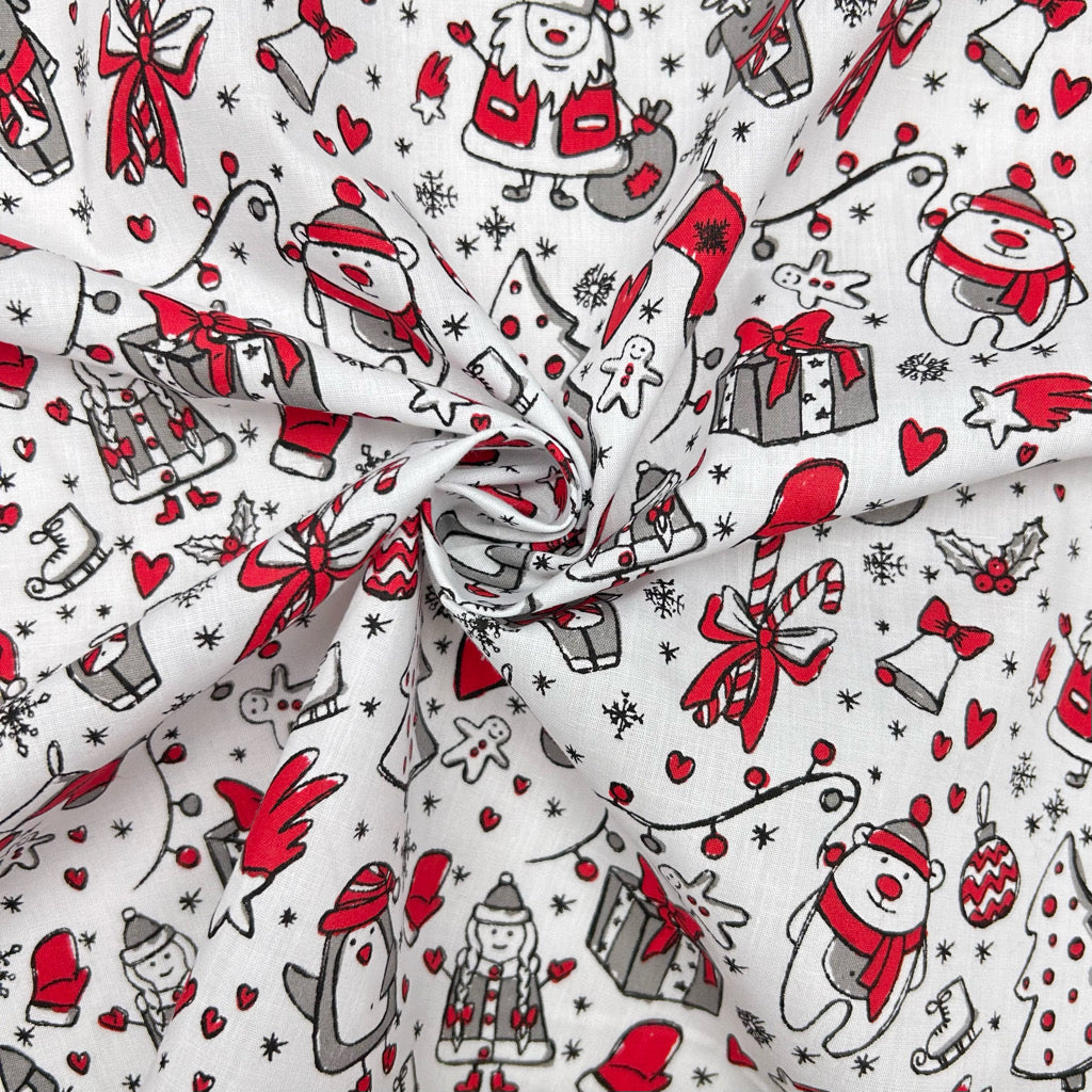 Christmas Doodles Polycotton Fabric
