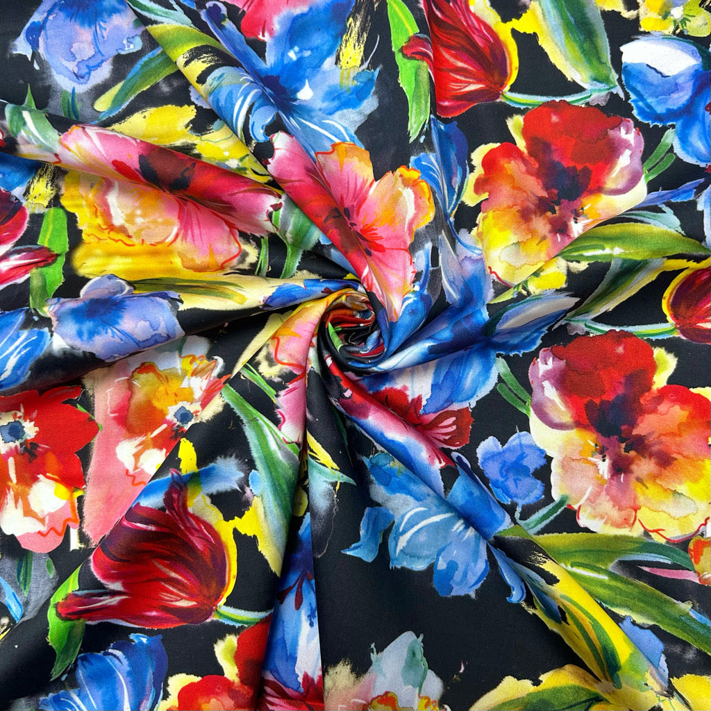 Wild Flowers on Black Cotton Sateen Fabric