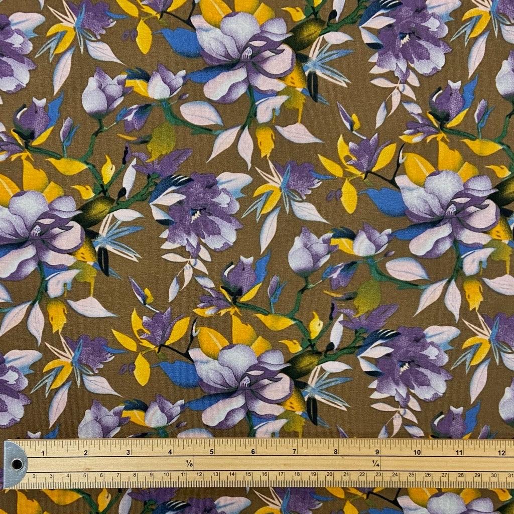 Purple and Yellow Flowers on Brown Viscose Jersey Fabric - Pound Fabrics