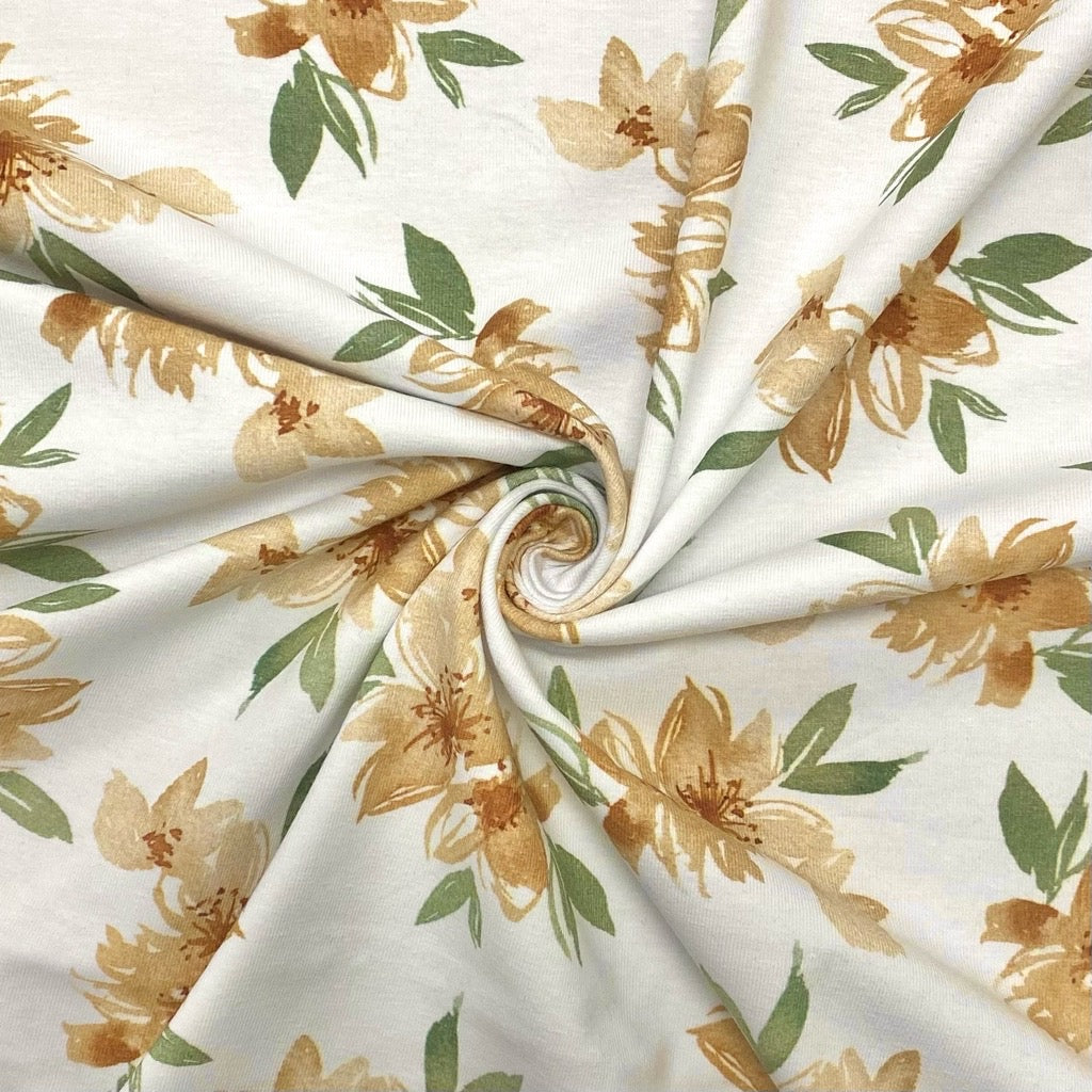 Large Floral Bunches on White Cotton Jersey Fabric