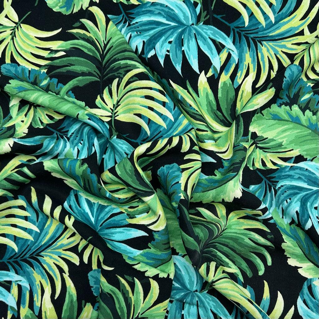 Tropical Leaves on Black Viscose Twill Fabric - Pound Fabrics