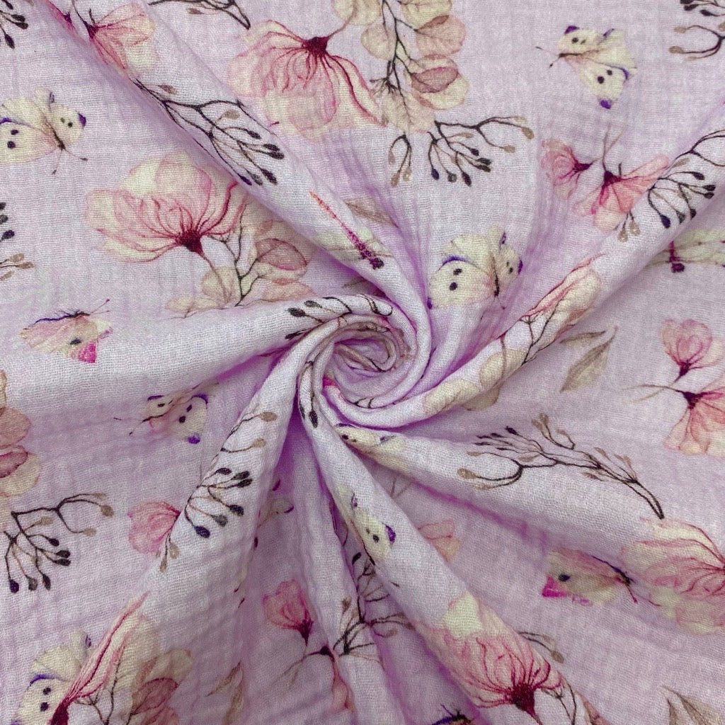 Flowers and Butterflies Double Gauze Fabric
