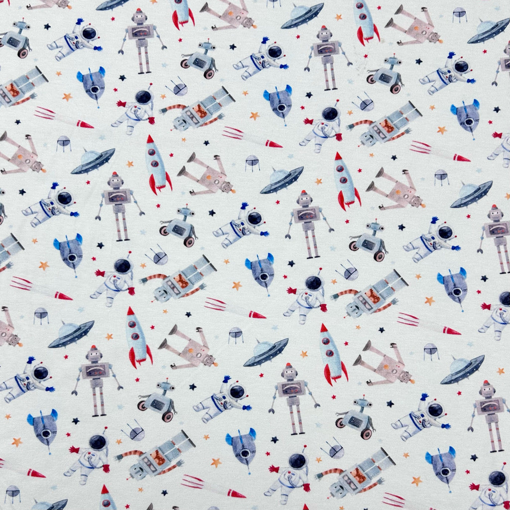 Rocket and Robot Organic Cotton Jersey Fabric - Little Johnny