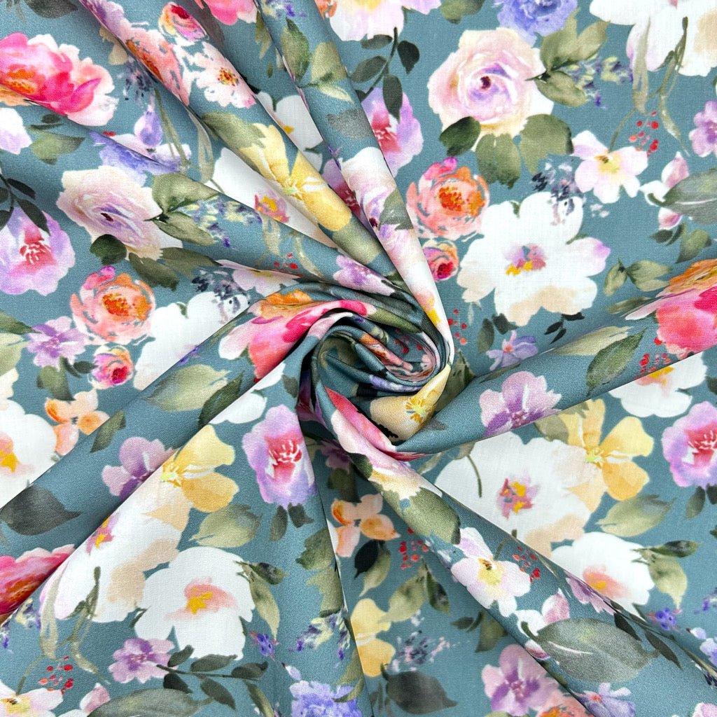 Colour Wash Flowers Rose & Hubble Cotton Poplin Fabric