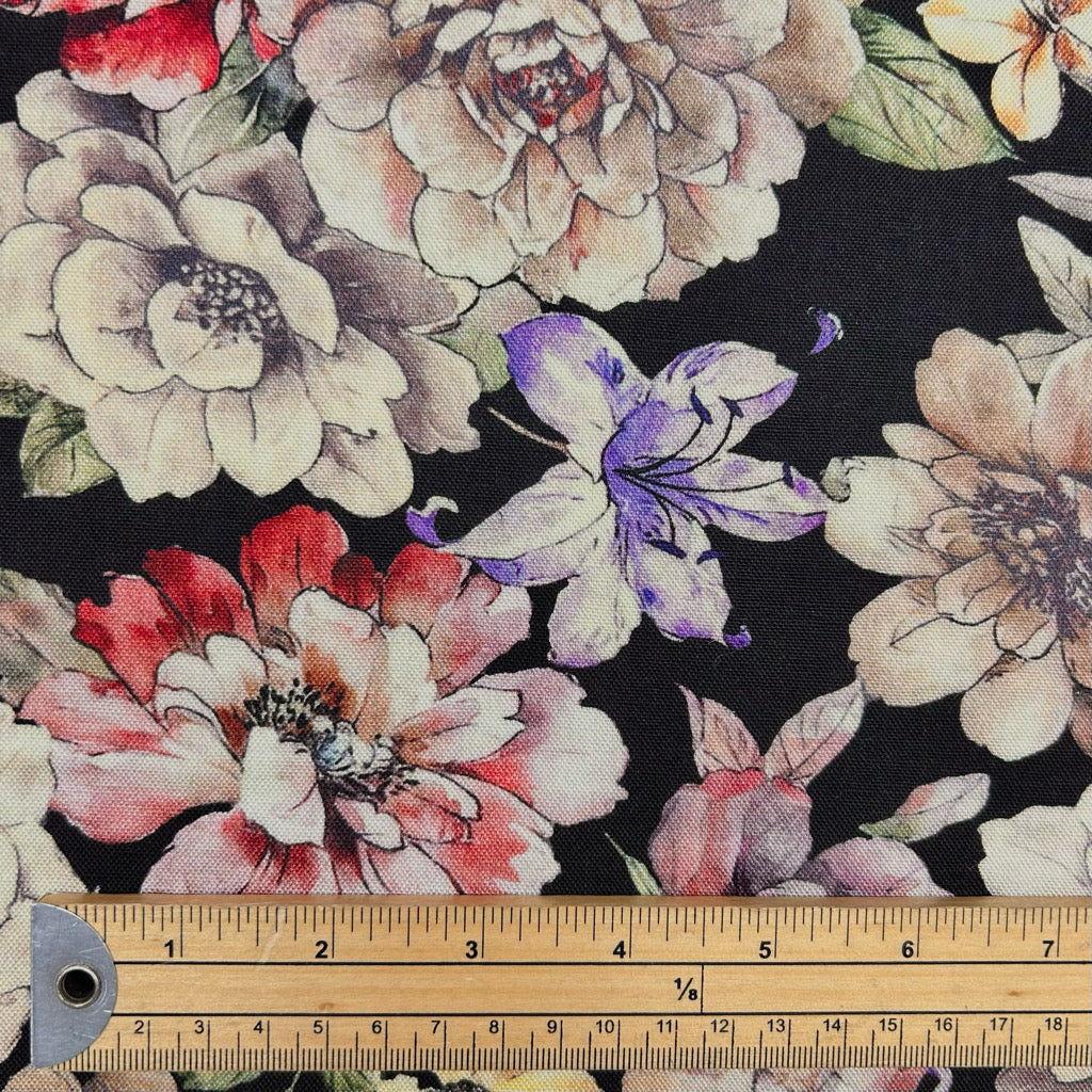 Bright Floral on Black Linen Viscose Fabric