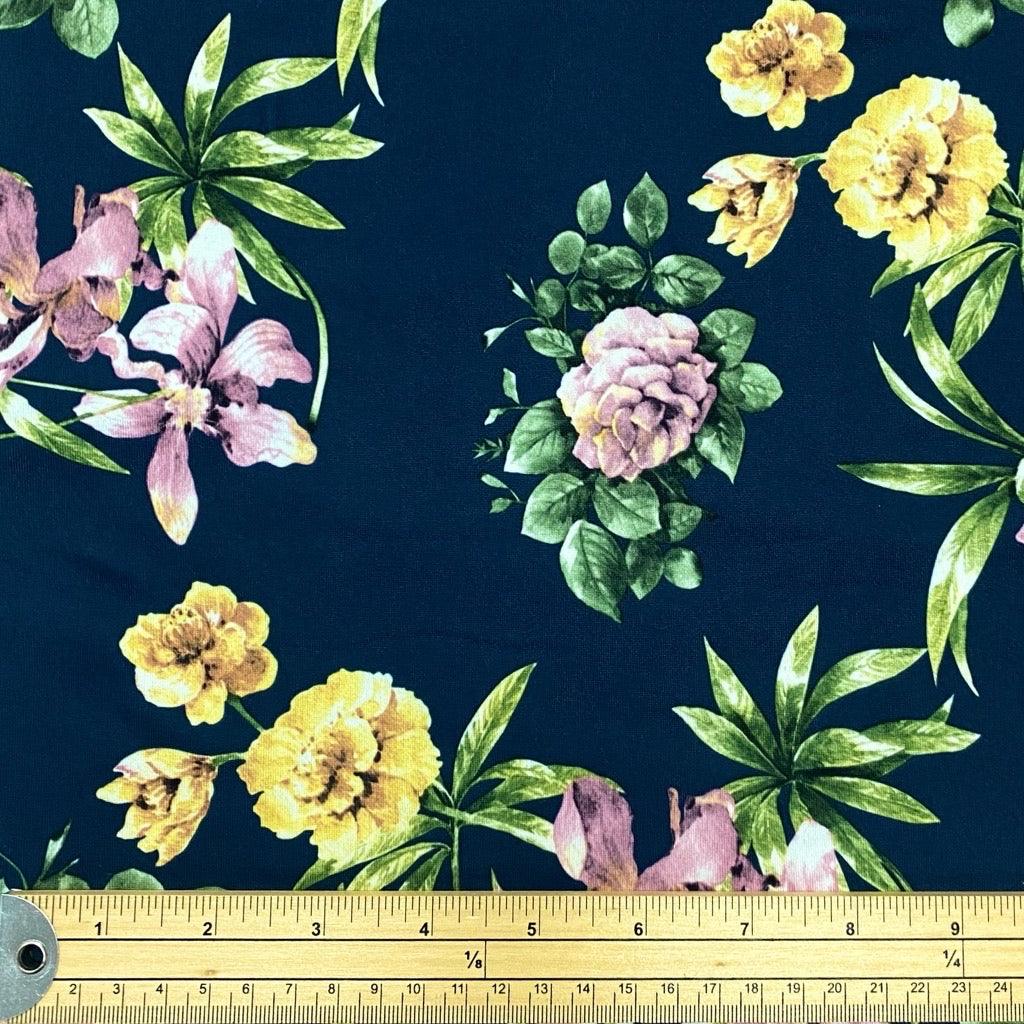 Yellow and Purple Floral on Navy Soft Knit Fabric - 2m Pre-cut - Pound Fabrics