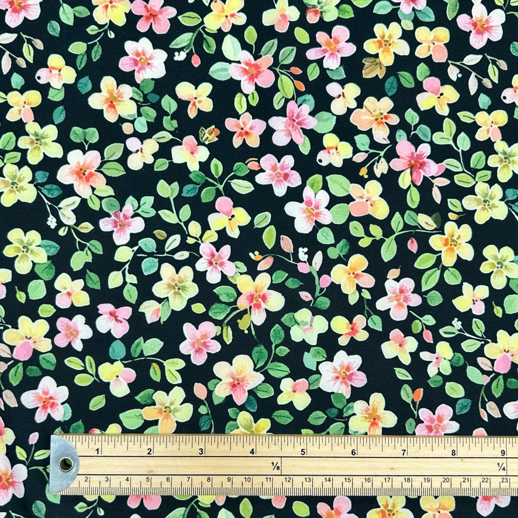 Cute Flowers on Black Polyester Fabric