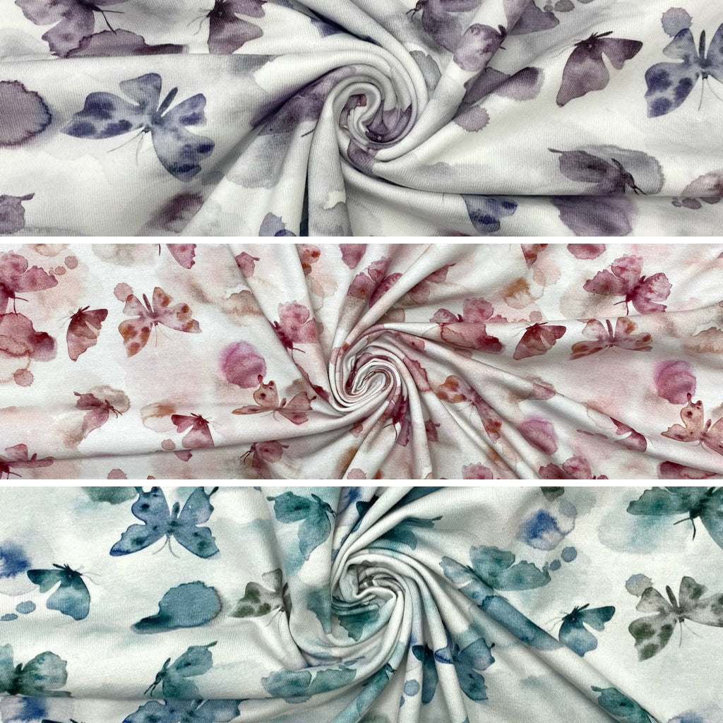 Butterflies on White Organic Cotton Jersey Fabric