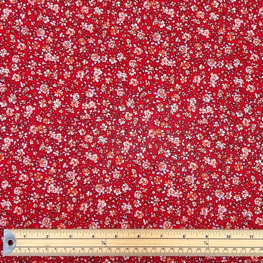 Cartoon Roses on Red Crepe Fabric - Pound Fabrics