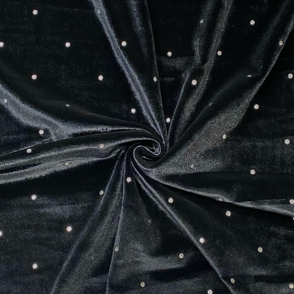 Silver Studded Black Velvet Fabric