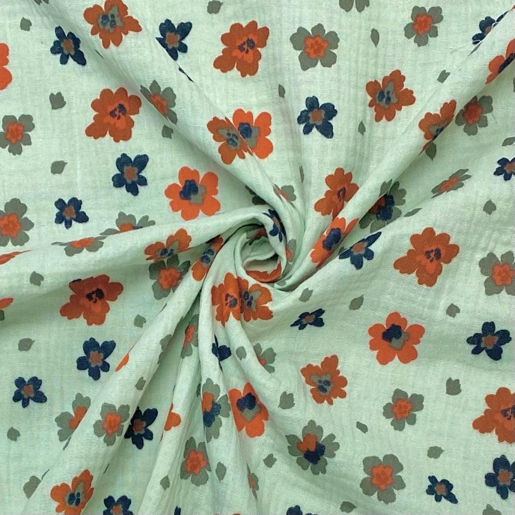 Flowers on Mint Organic Double Gauze Fabric - Pound Fabrics