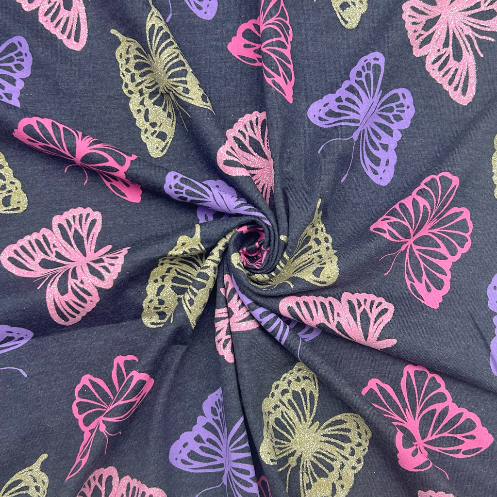 Glitter Butterflies Melange Cotton Jersey Fabric