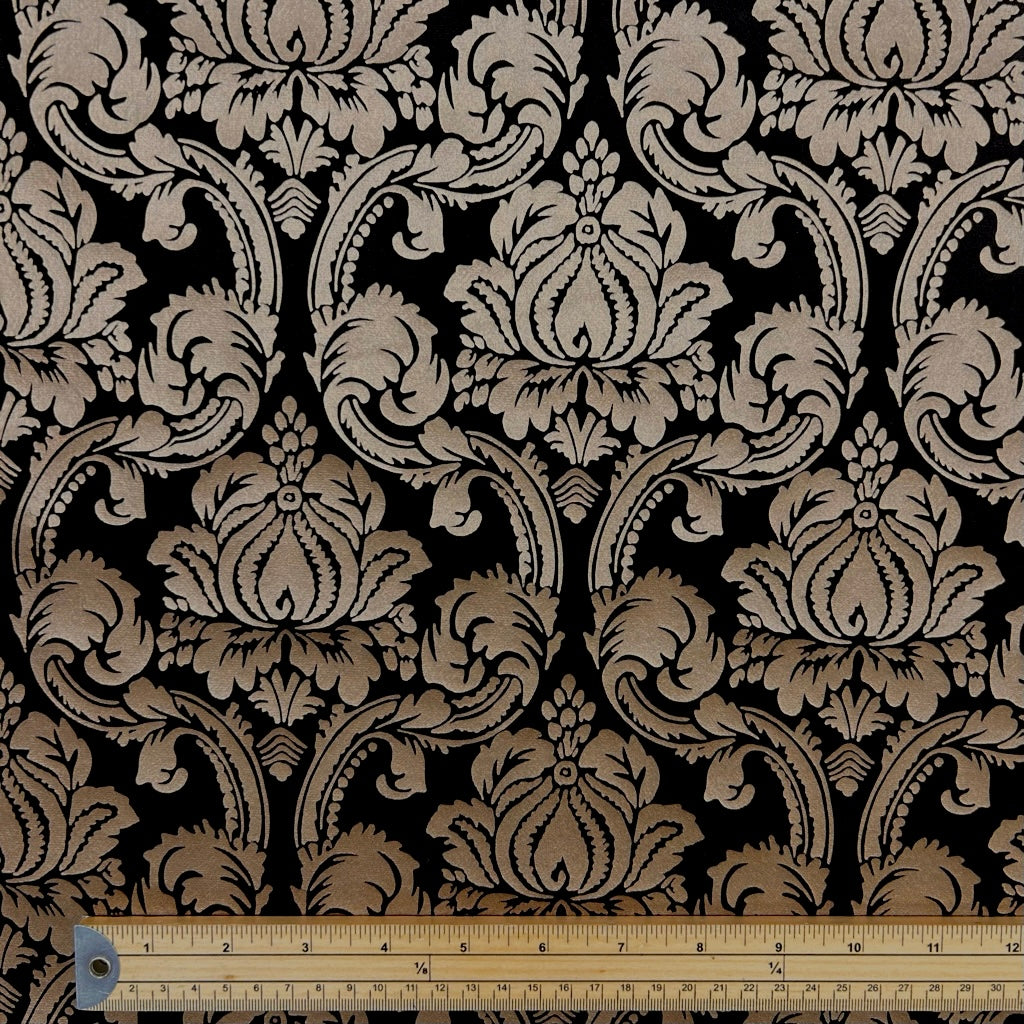 Golden Bloom on Black Velvet Velour Fabric