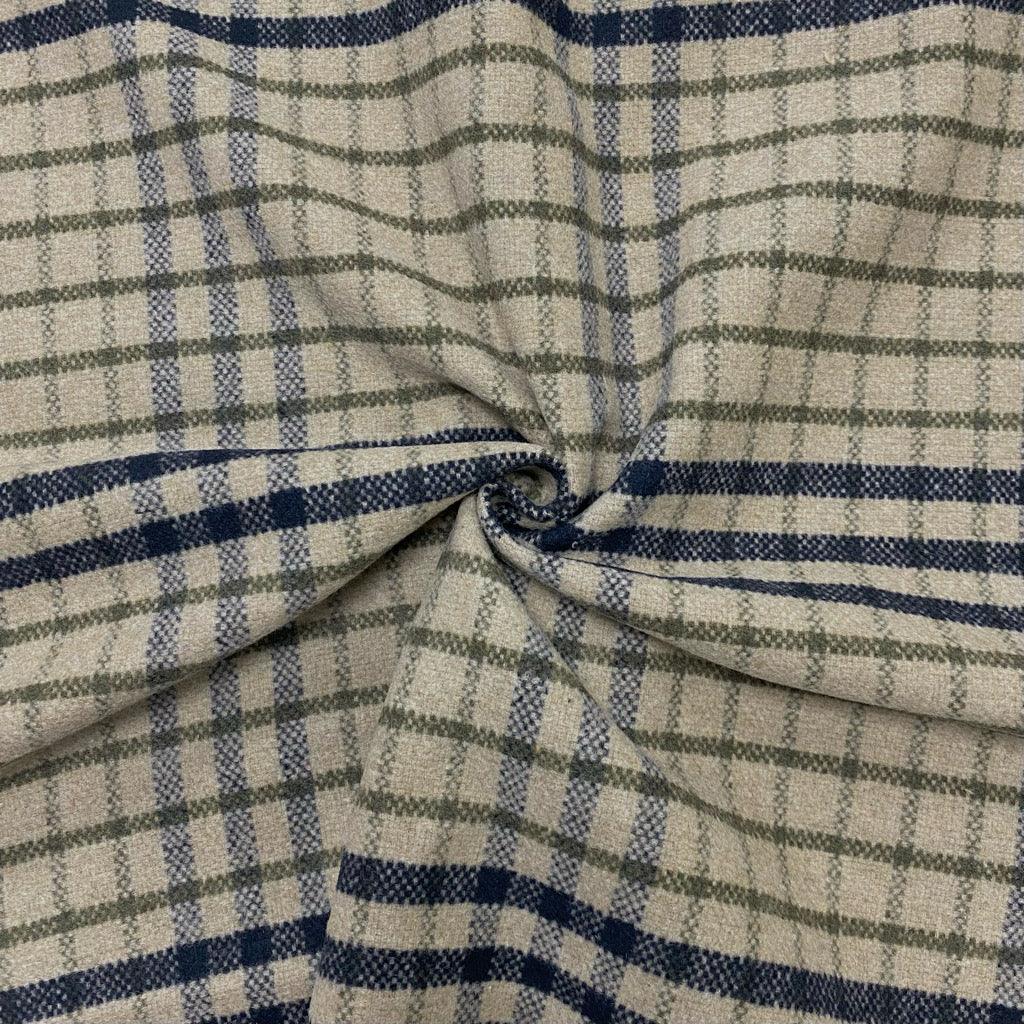 Green and Blue Check on Beige Wool Blend Fabric - 2 metres for £9.95 #18 - Pound Fabrics