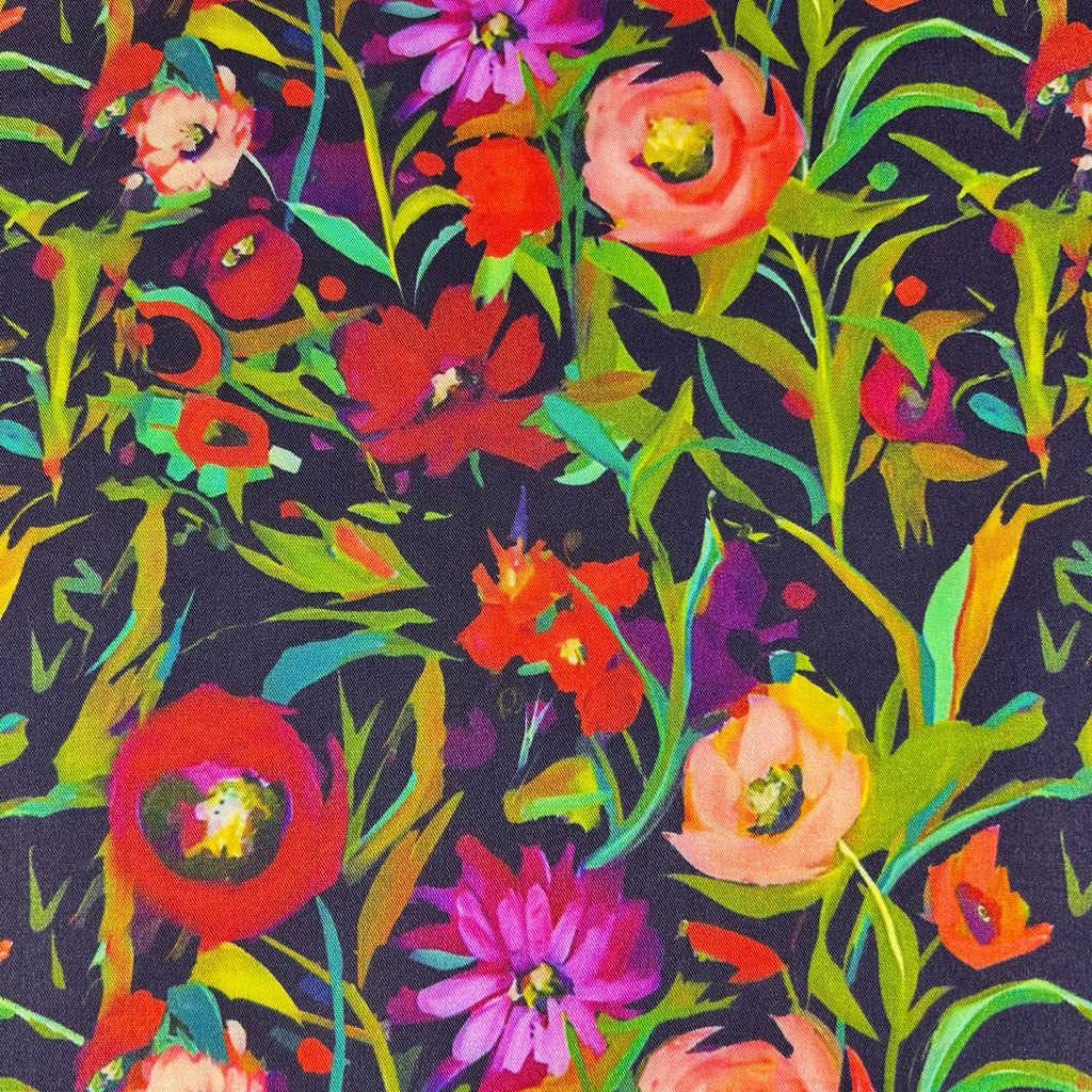 Dark Floral Bouquet Viscose Twill Fabric