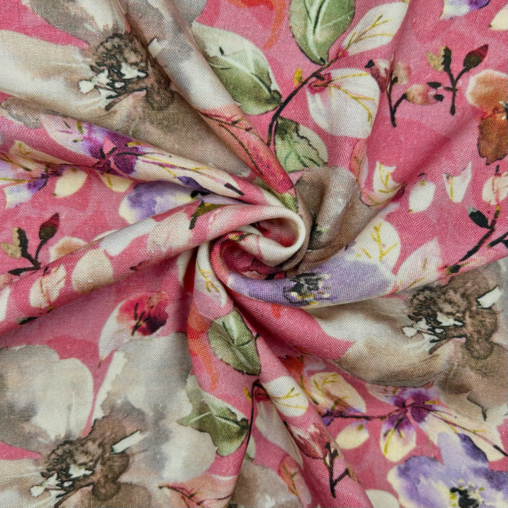 Soft Pink Wildflowers Linen Viscose Fabric