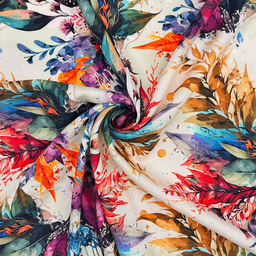 Colourful Leaves Viscose Poplin Fabric