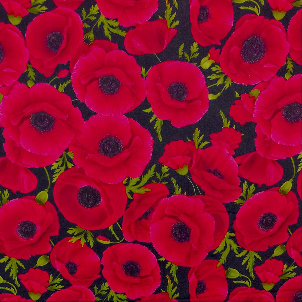 Water Floral on Black Viscose Satin Fabric