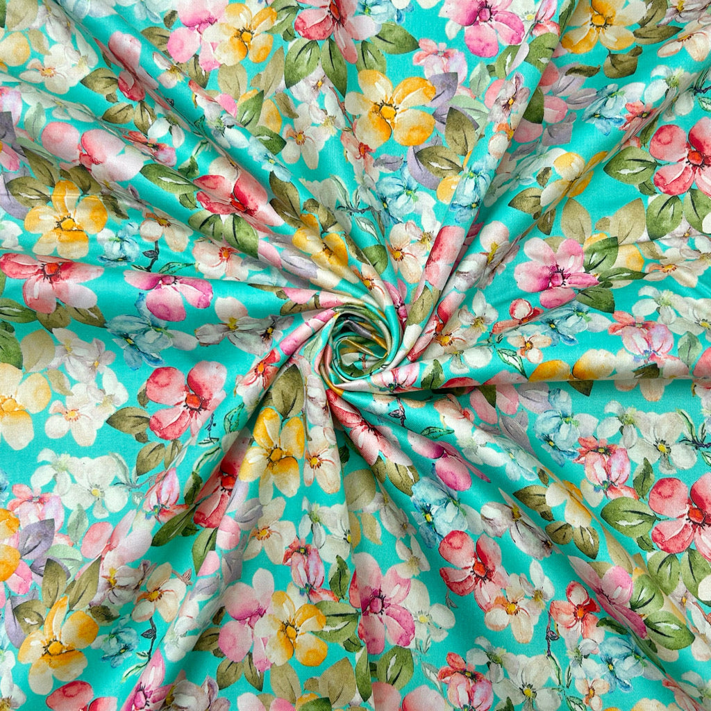Bright Floral on Turquoise Cotton Sateen Fabric