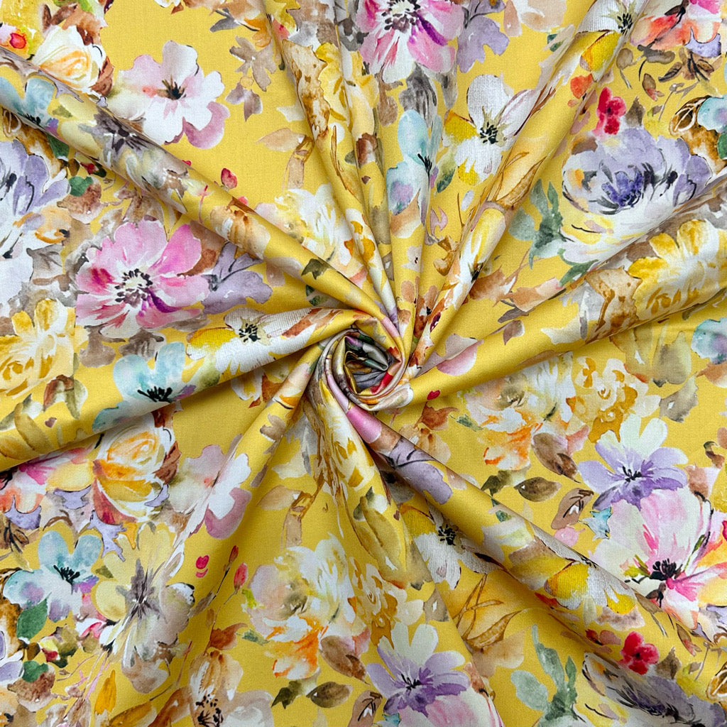 Spring Bouquet on Yellow Cotton Sateen Fabric