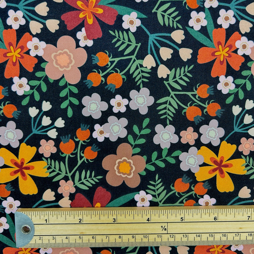 Night Garden on Black Polyester Fabric