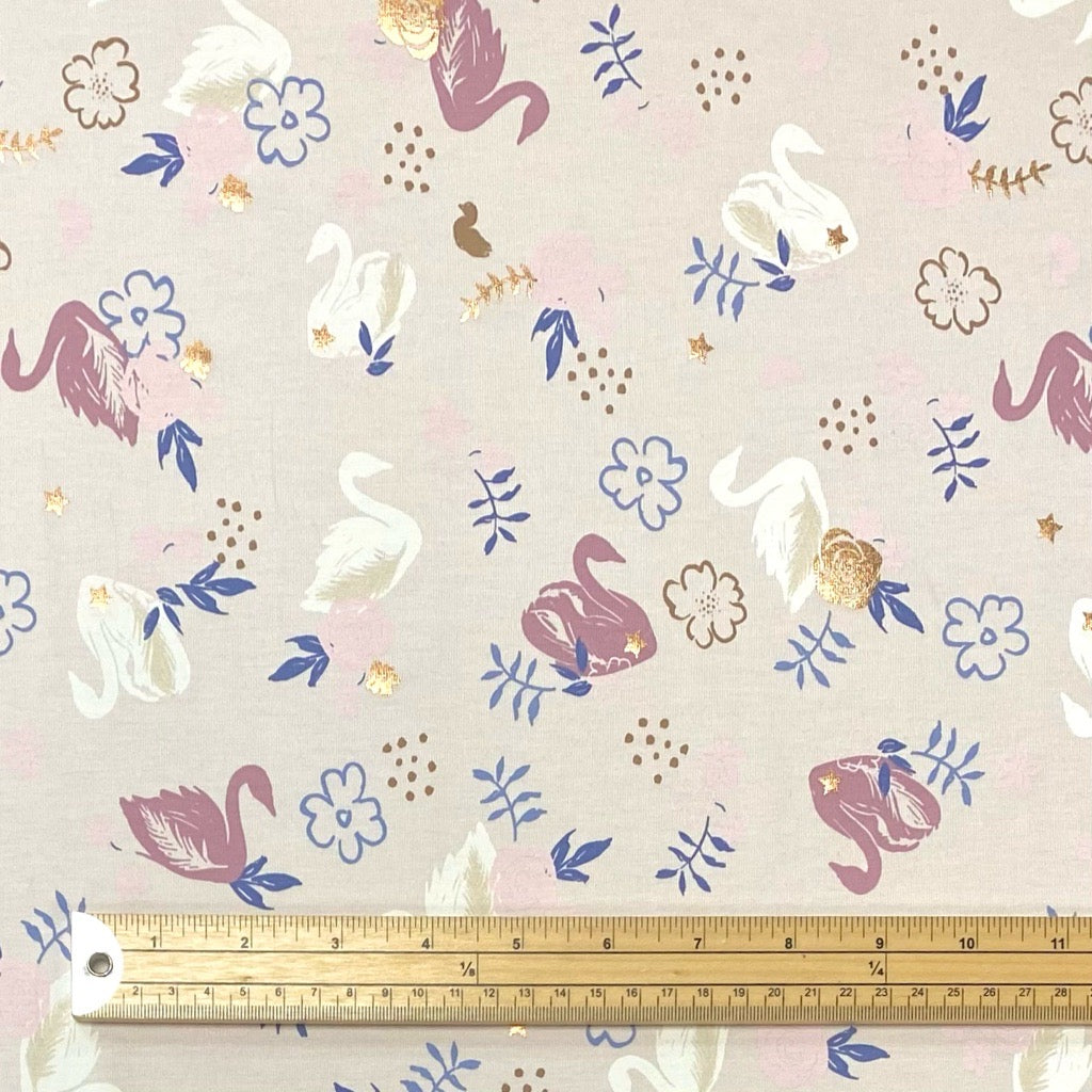 Gold Foil Flowers and Swans Cotton Jersey Fabric