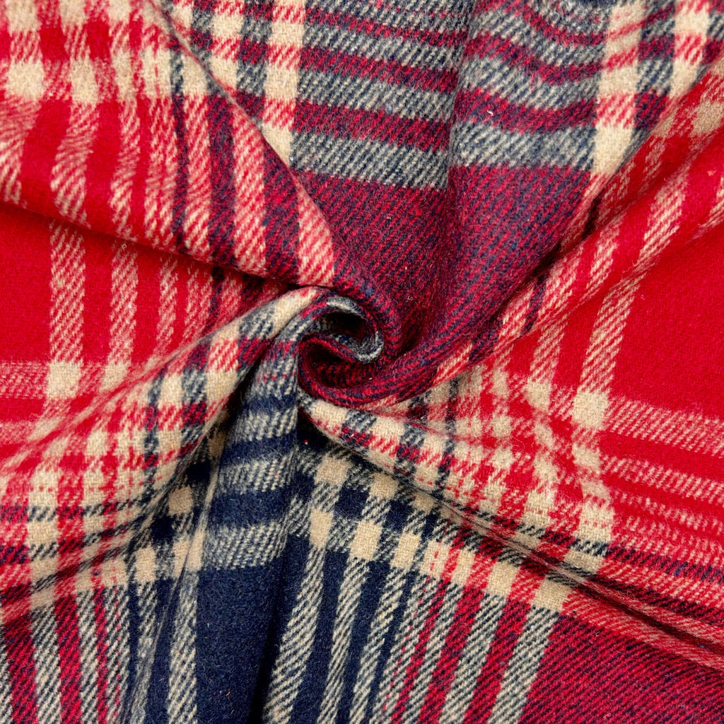 Red and Navy Checkered Brushed Cotton Blend Fabric