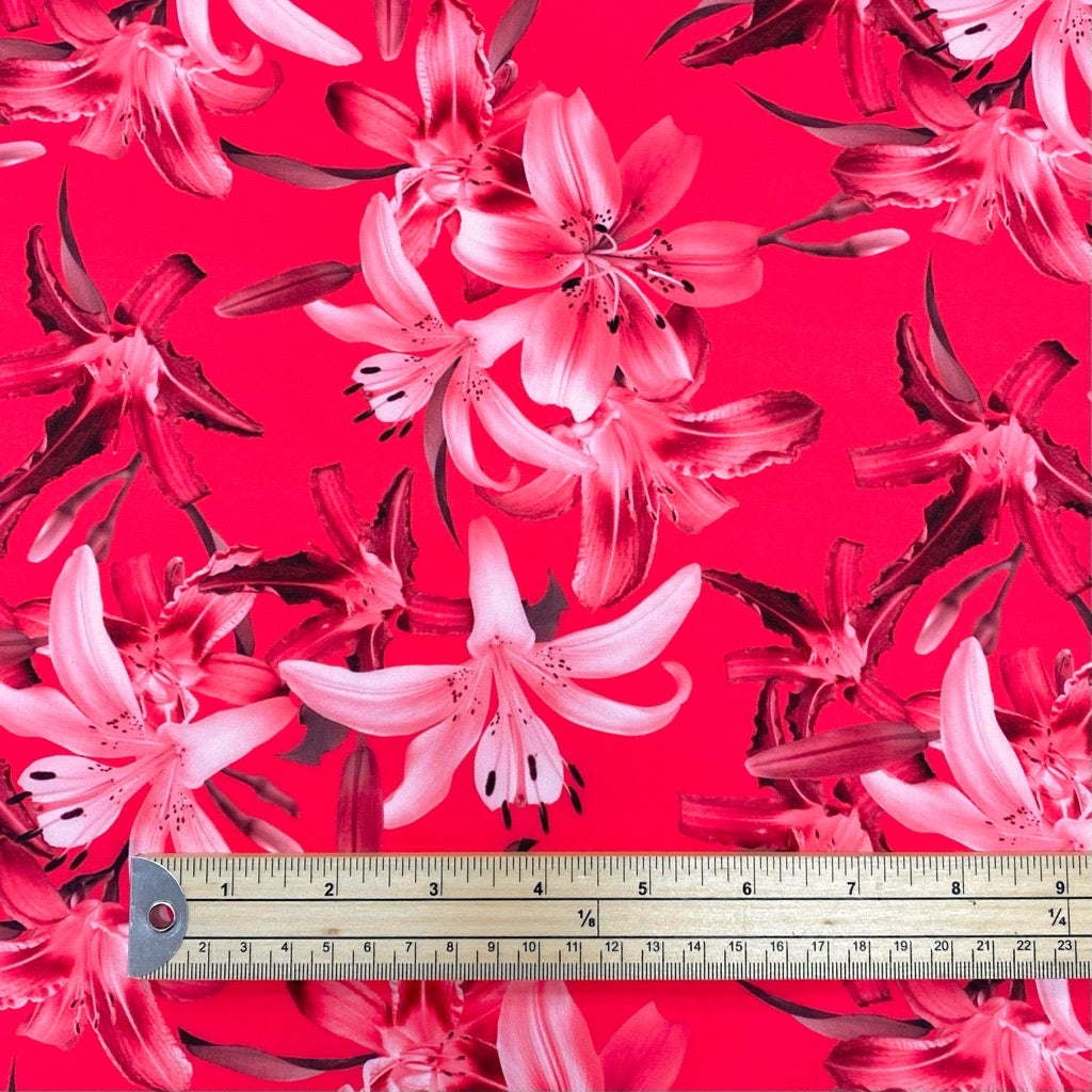 Vibrant Lilies on Bright Pink Softshell Fabric