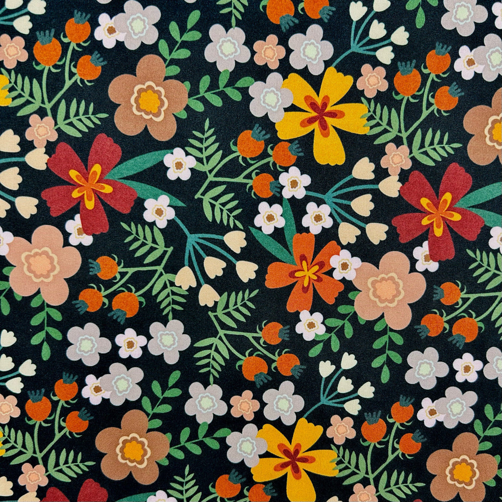 Night Garden on Black Polyester Fabric