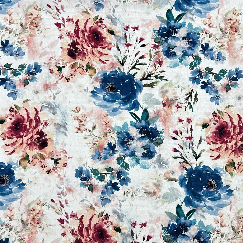 Floral Elegance on White Viscose Challis Fabric - Pound Fabrics