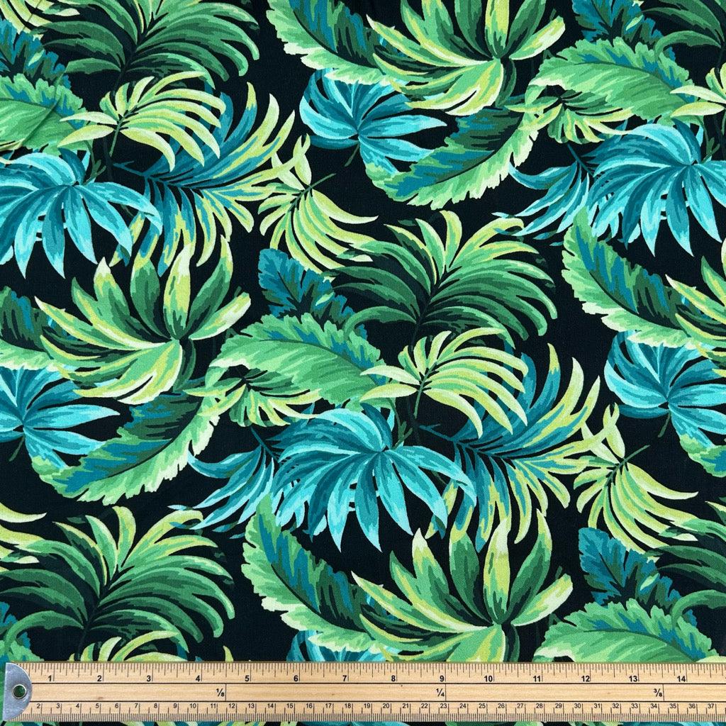 Tropical Leaves on Black Viscose Twill Fabric - Pound Fabrics